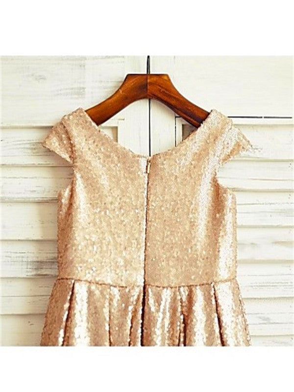 Tea-Length Short Sequins A-line/Princess Scoop Sleeves Flower Girl Dresses