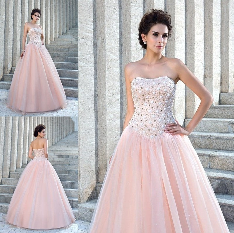 Sleeveless Ball Strapless Long Gown Beading Satin Wedding Dresses