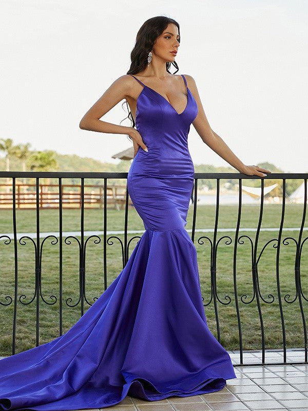 Satin Trumpet/Mermaid Ruffles Sleeveless V-neck Sweep/Brush Train Dresses