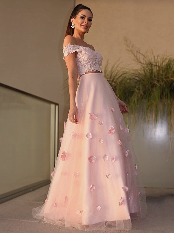 Hand-Made A-Line/Princess Sleeveless Tulle Floor-Length Flower Off-the-Shoulder Two Piece Dresses