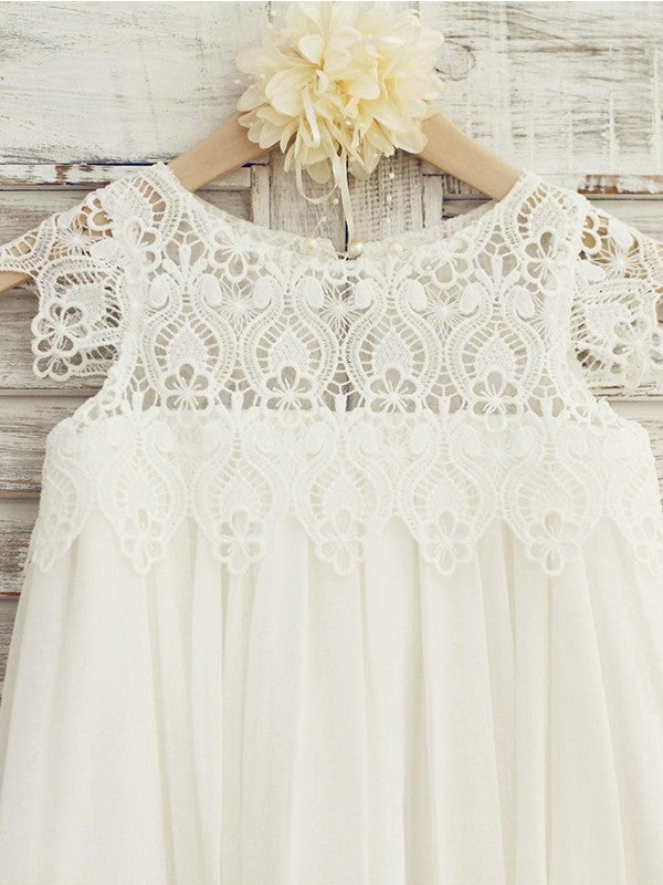 Chiffon Short Lace Sleeves A-Line/Princess Scoop Knee-Length Flower Girl Dresses