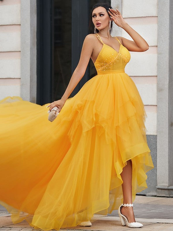 Tulle A-Line/Princess Ruffles V-neck Sleeveless Asymmetrical Dresses