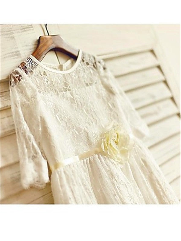 Flower Sleeves 3/4 Ankle-Length Hand-made Lace Scoop A-line/Princess Flower Girl Dresses