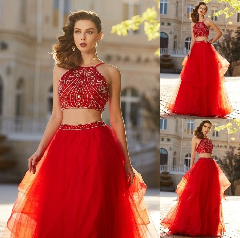 Floor-Length Beading Tulle Spaghetti Straps Sleeveless A-Line/Princess Two Piece Dresses