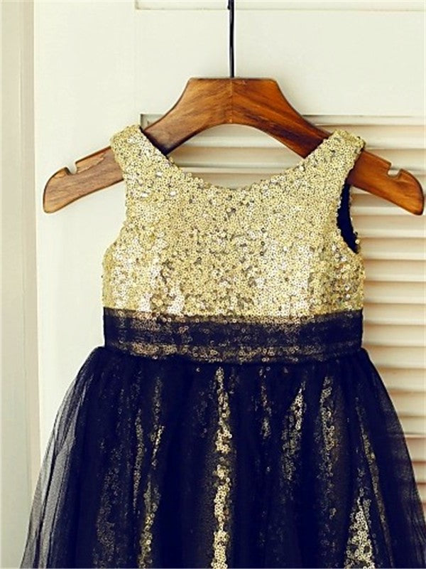 Scoop A-line/Princess Sleeveless Sequin Tulle Tea-Length Flower Girl Dresses