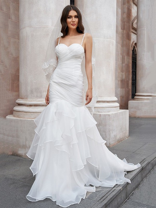 Straps Organza Sleeveless Layers Sweep/Brush Spaghetti Trumpet/Mermaid Train Wedding Dresses