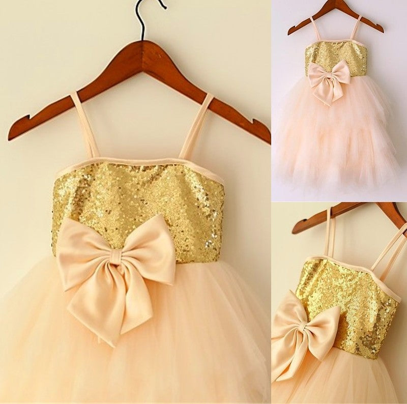 Spaghetti Tea-Length Sleeveless Net Straps A-line/Princess Sequin Flower Girl Dresses