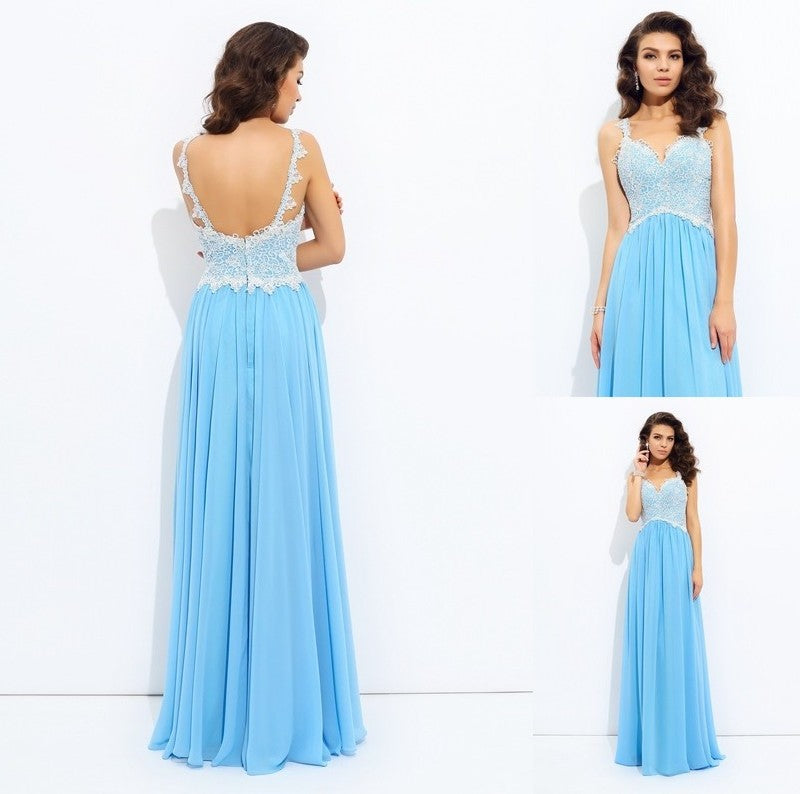 Sleeveless A-Line/Princess V-neck Lace Long Chiffon Dresses