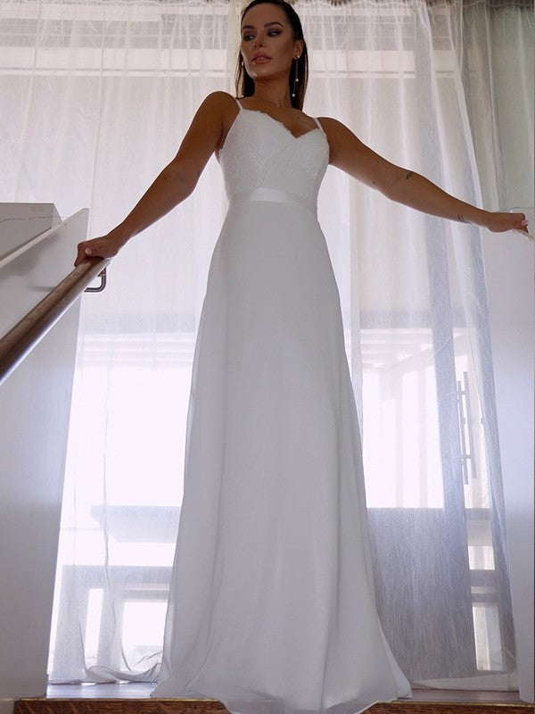 Straps Chiffon Sheath/Column Spaghetti Sleeveless Lace Floor-Length Wedding Dresses