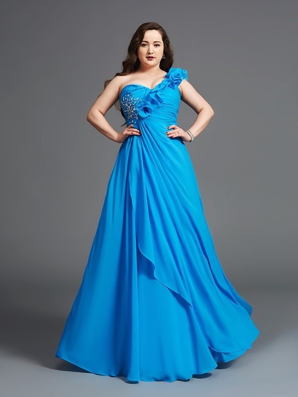 Sleeveless Chiffon Long Rhinestone A-Line/Princess One-Shoulder Plus Size Dresses