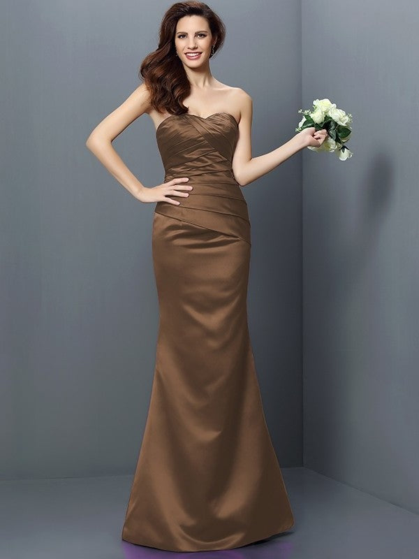 Pleats Sleeveless Trumpet/Mermaid Strapless Long Satin Bridesmaid Dresses