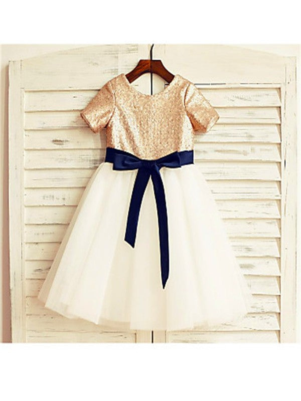 Sleeves Tulle Tea-Length Sequin A-line/Princess Scoop Short Flower Girl Dresses