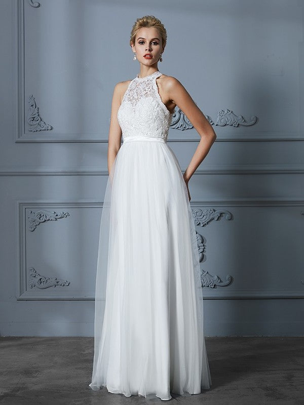 Sleeveless Scoop A-Line/Princess Tulle Floor-Length Wedding Dresses