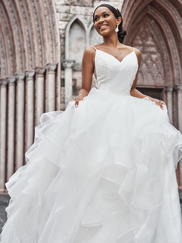 Ruffles Tulle Spaghetti Sweep/Brush Straps Sleeveless A-Line/Princess Train Wedding Dresses