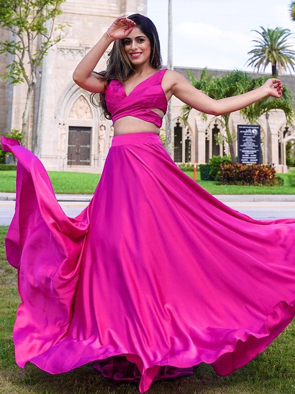 V-neck Floor-Length Sleeveless Satin Ruched A-Line/Princess Chiffon Two Piece Dresses