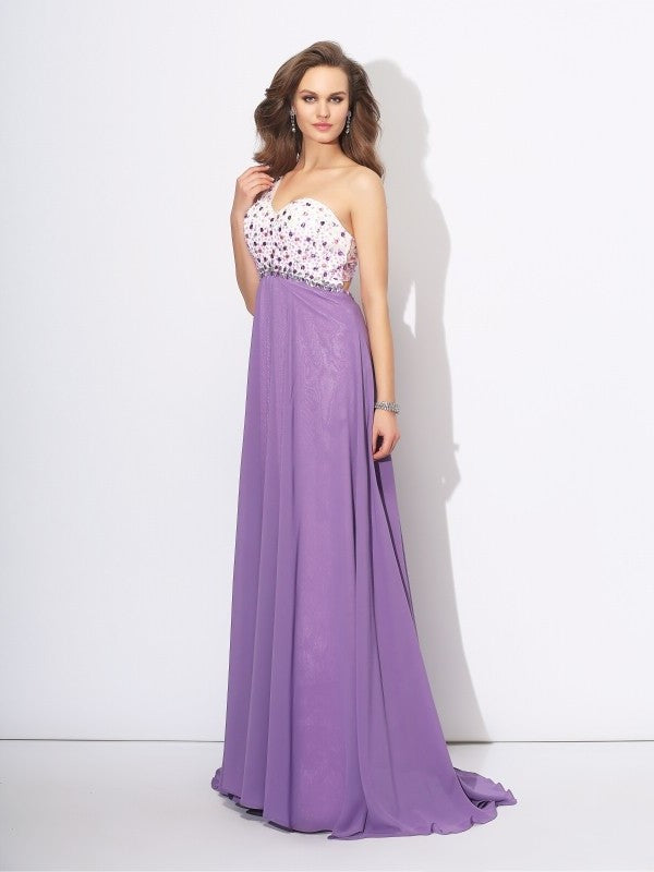 Crystal One-Shoulder Sleeveless A-Line/Princess Long Chiffon Dresses