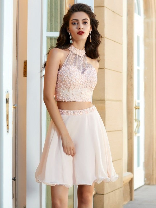 Sleeveless Beading Short/Mini Chiffon A-Line/Princess Halter Two Piece Dresses