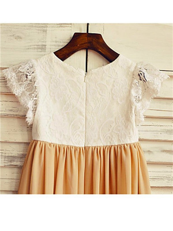 Scoop Tea-Length Chiffon A-line/Princess Sleeves Short Flower Girl Dresses