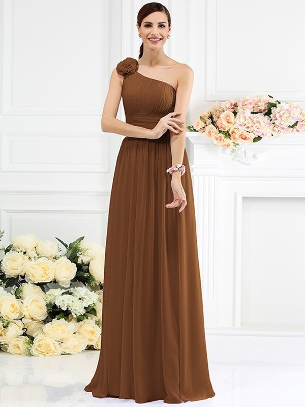 Long Hand-Made A-Line/Princess Pleats Sleeveless Flower One-Shoulder Chiffon Bridesmaid Dresses