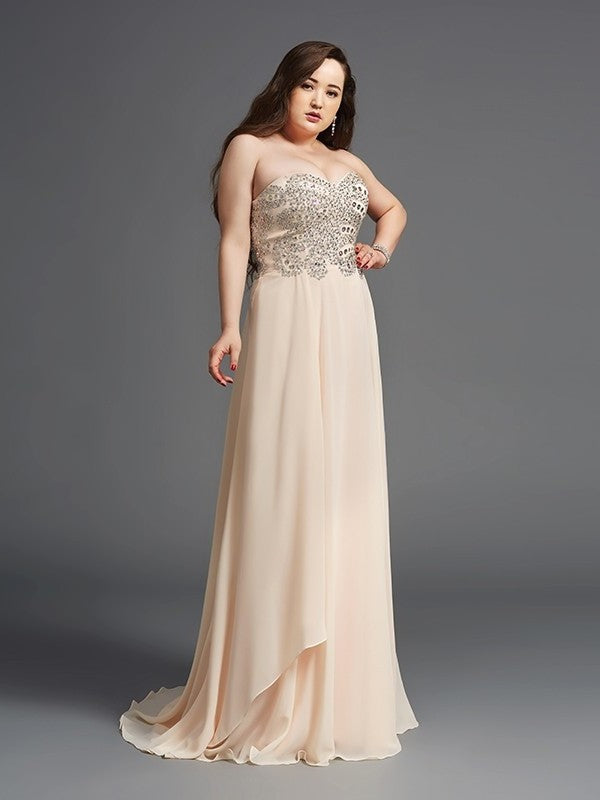 Rhinestone A-Line/Princess Sleeveless Chiffon Sweetheart Long Plus Size Dresses