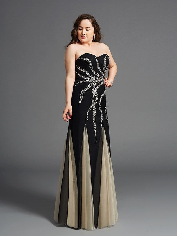 Beading Sleeveless Long Chiffon Sweetheart Sheath/Column Plus Size Dresses