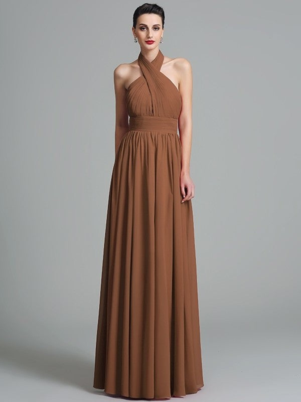 Sleeveless A-Line/Princess Long Halter Ruffles Chiffon Bridesmaid Dresses