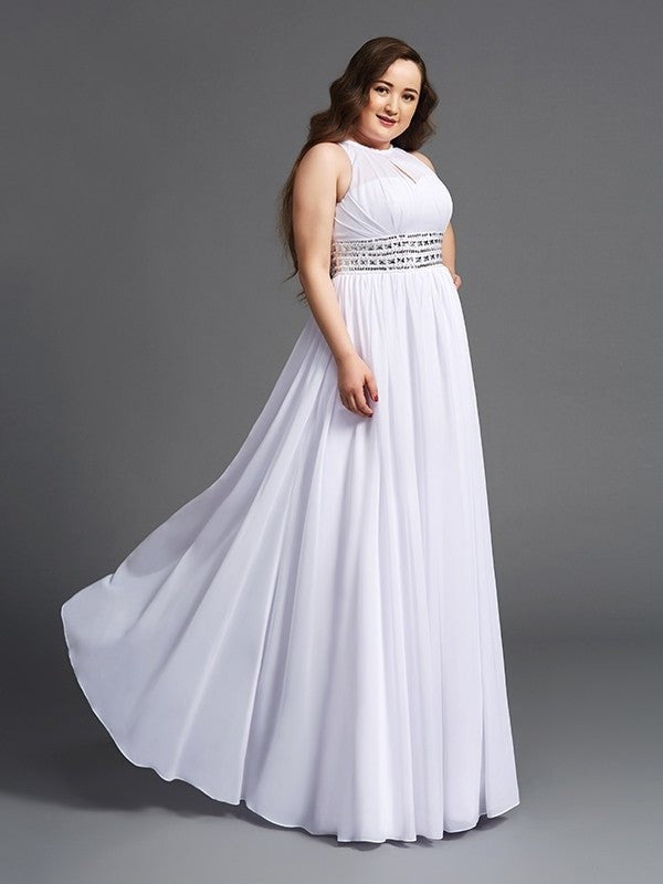 A-Line/Princess Jewel Sleeveless Long Chiffon Beading Plus Size Dresses