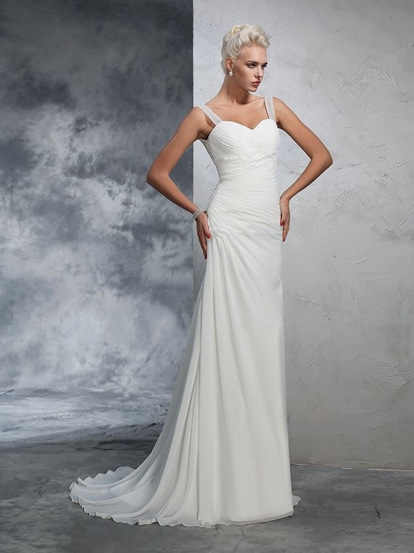 Trumpet/Mermaid Straps Sleeveless Ruched Long Chiffon Wedding Dresses