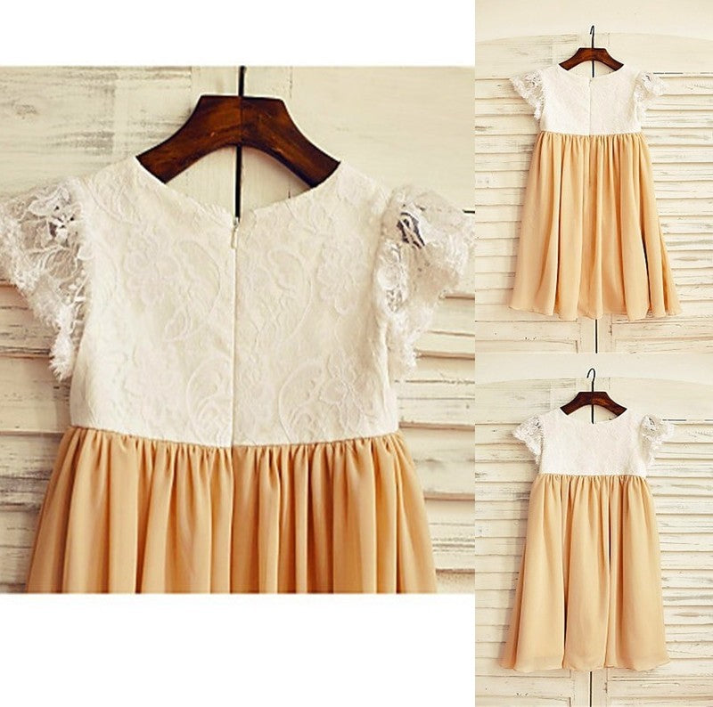 Scoop Tea-Length Chiffon A-line/Princess Sleeves Short Flower Girl Dresses