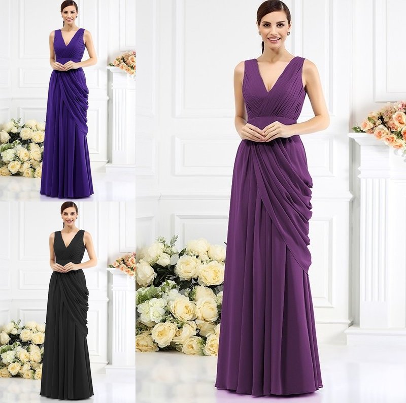 A-Line/Princess Long Pleats Sleeveless V-neck Chiffon Bridesmaid Dresses