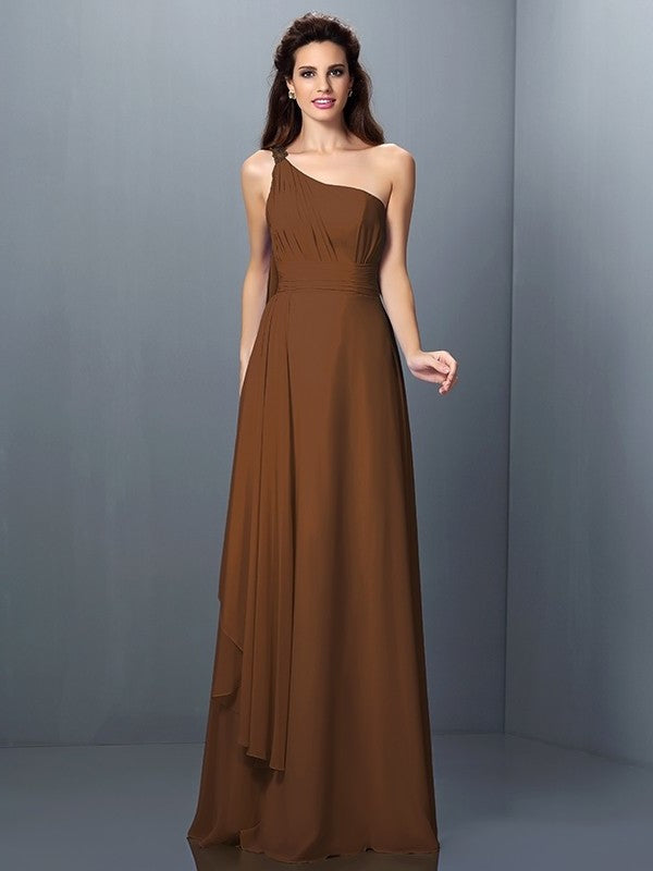 Pleats Sleeveless A-Line/Princess Long One-Shoulder Chiffon Bridesmaid Dresses