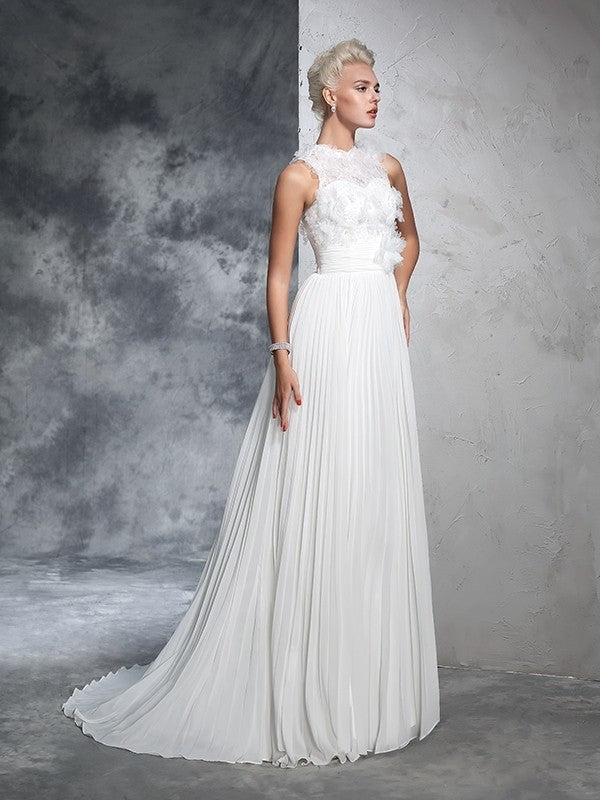 Long Sleeveless A-Line/Princess Neck Pleats High Chiffon Wedding Dresses