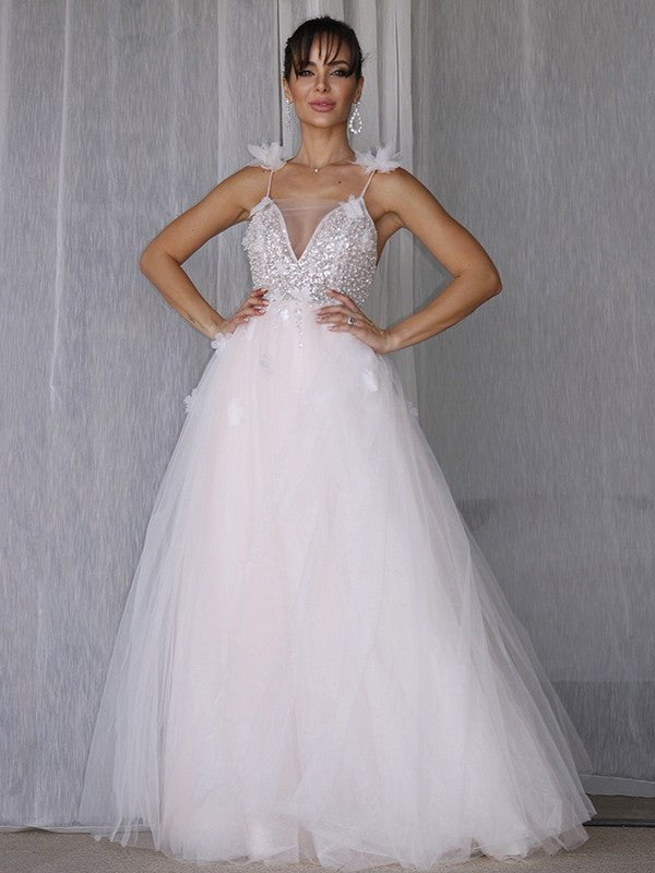 Beading A-Line/Princess Sleeveless Tulle V-neck Floor-Length Wedding Dresses