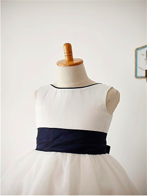 Bowknot Scoop A-line/Princess Tea-Length Tulle Sleeveless Flower Girl Dresses