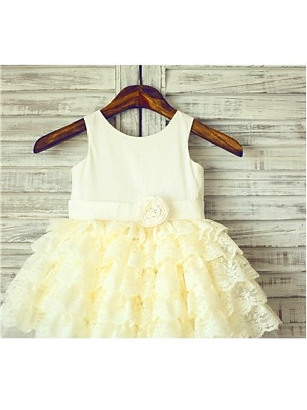 Gown Ball Tea-Length Scoop Lace Layers Sleeveless Flower Girl Dresses