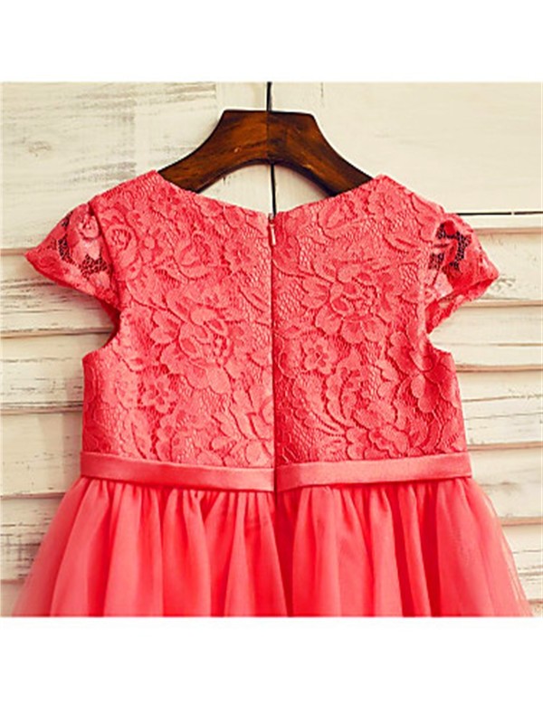 A-line/Princess Lace Scoop Tea-Length Tulle Short Sleeves Flower Girl Dresses