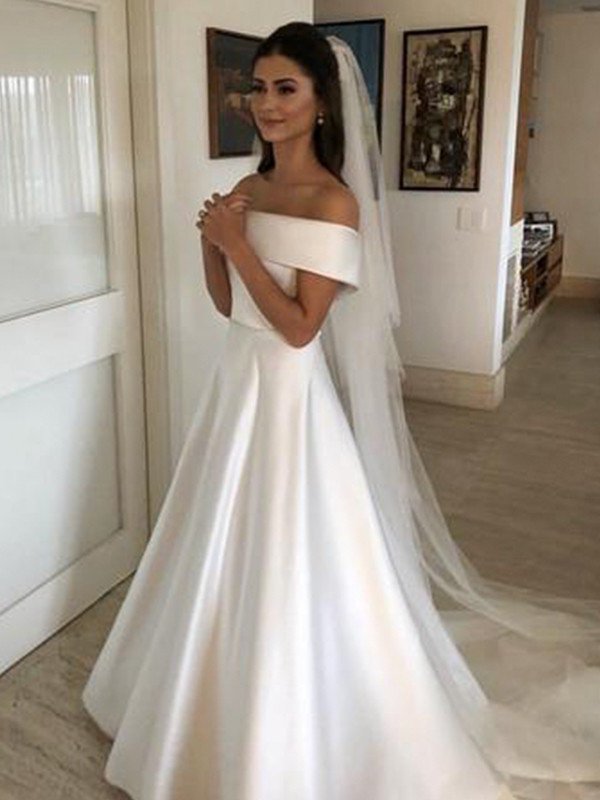 Sleeveless Sweep/Brush Ruffles Train A-Line/Princess Off-the-Shoulder Satin Wedding Dresses