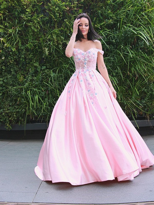 A-Line/Princess Sleeveless Off-the-Shoulder Satin Applique Sweep/Brush Train Dresses