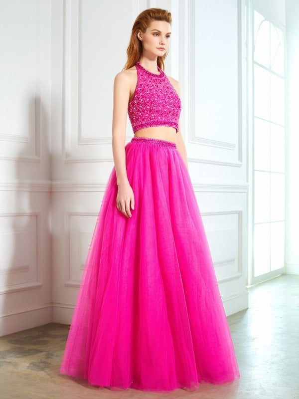 Net Floor-Length Sleeveless Halter Beading A-Line/Princess Two Piece Dresses