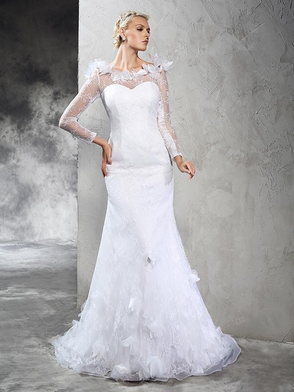 Hand-Made Long Long Sheer Neck Flower Sleeves Sheath/Column Satin Wedding Dresses