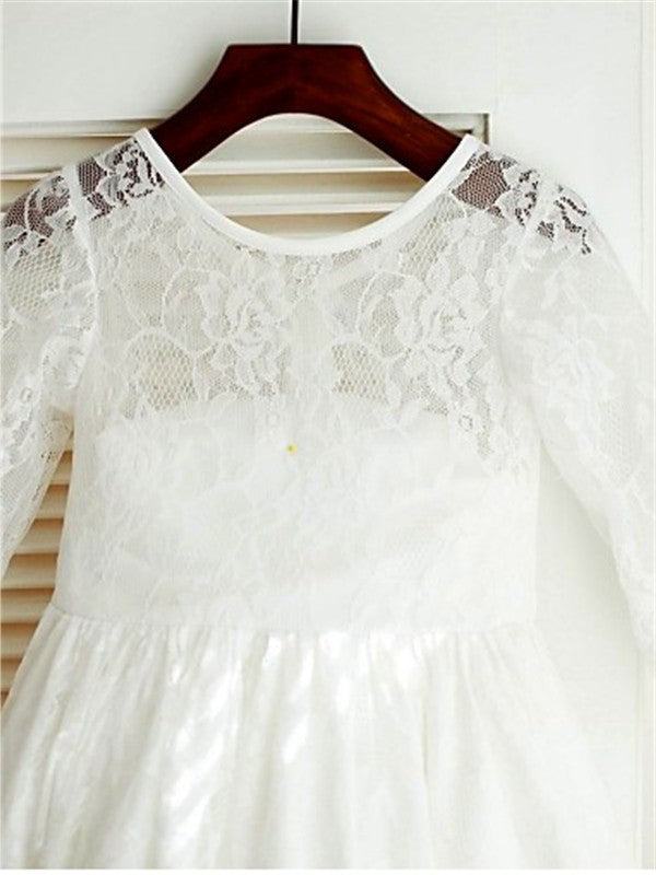 Sleeves Scoop Long Bowknot Lace A-line/Princess Ankle-Length Flower Girl Dresses