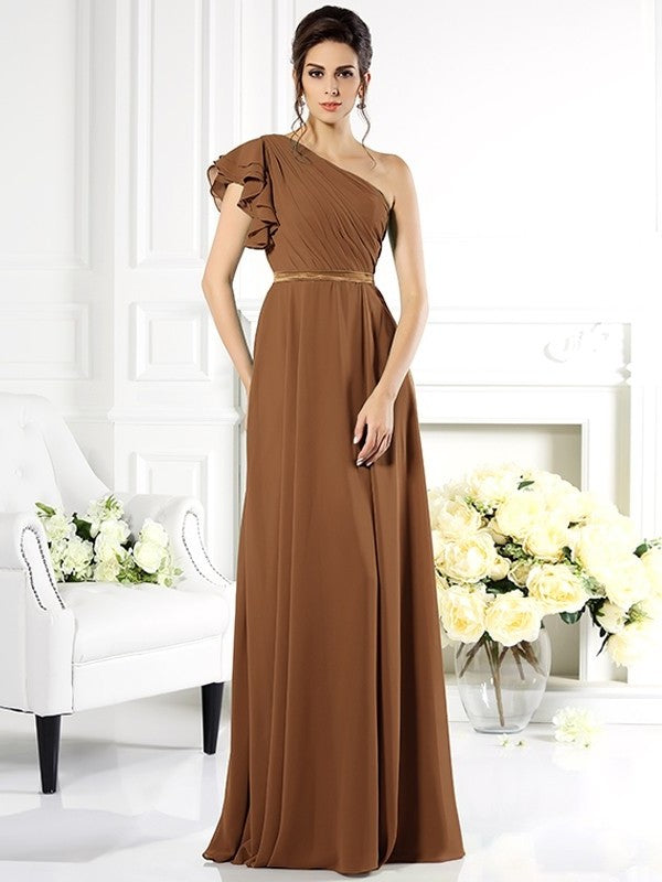 One-Shoulder Ruffles A-Line/Princess Long Sleeveless Chiffon Bridesmaid Dresses