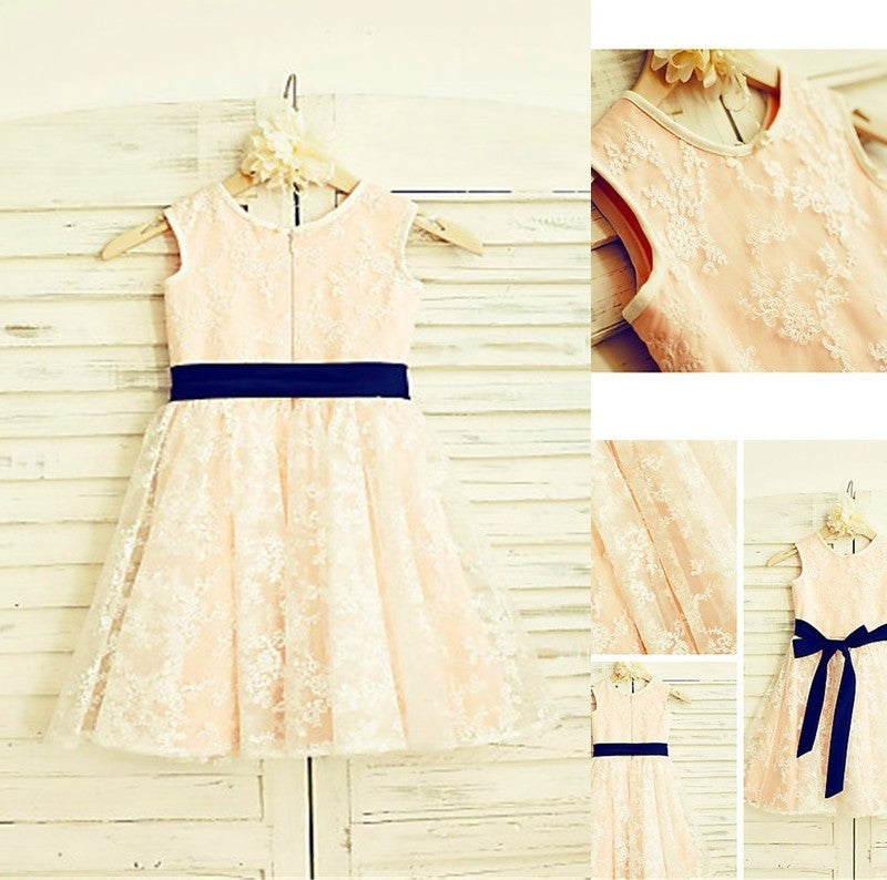 A-line/Princess Lace Bowknot Scoop Ankle-Length Sleeveless Flower Girl Dresses