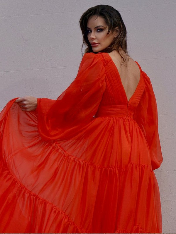 Long Ruffles A-Line/Princess Sleeves 3D V-neck Chiffon Sweep/Brush Train Dresses