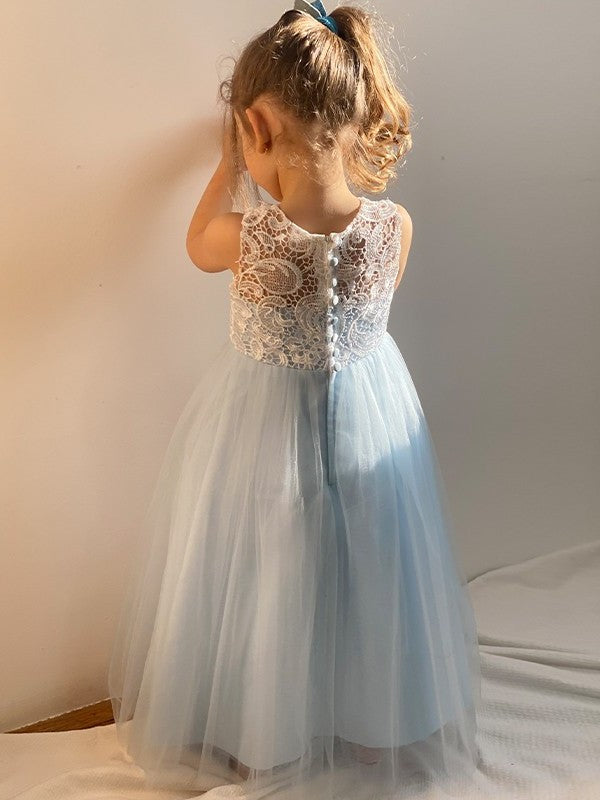 Tulle A-Line/Princess Ankle-Length Sleeveless Scoop Lace Flower Girl Dresses