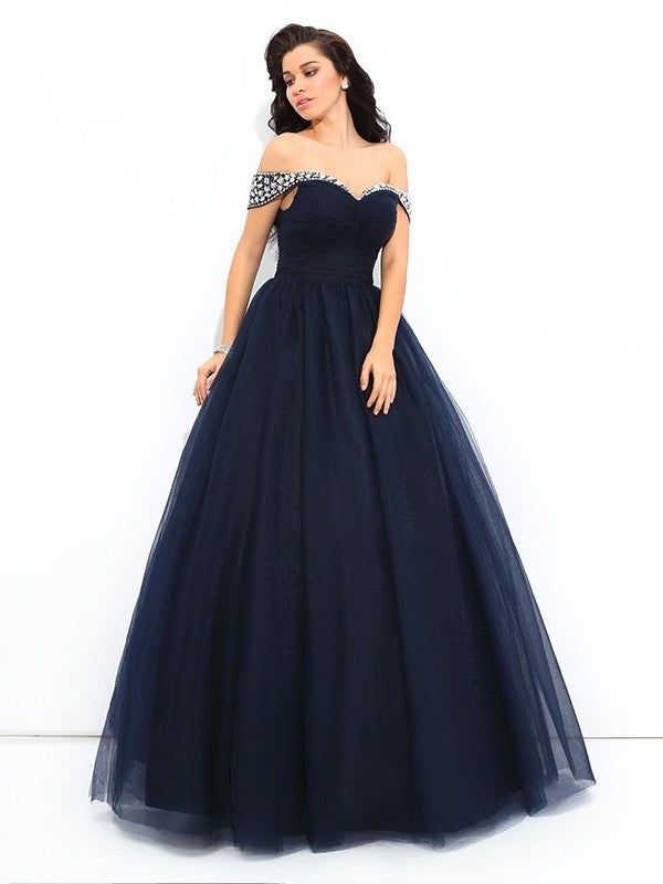 Beading Gown Off-the-Shoulder Sleeveless Long Ball Net Quinceanera Dresses