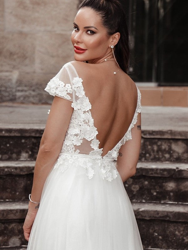 A-Line/Princess V-neck Sleeveless Tulle Sweep/Brush Applique Train Wedding Dresses