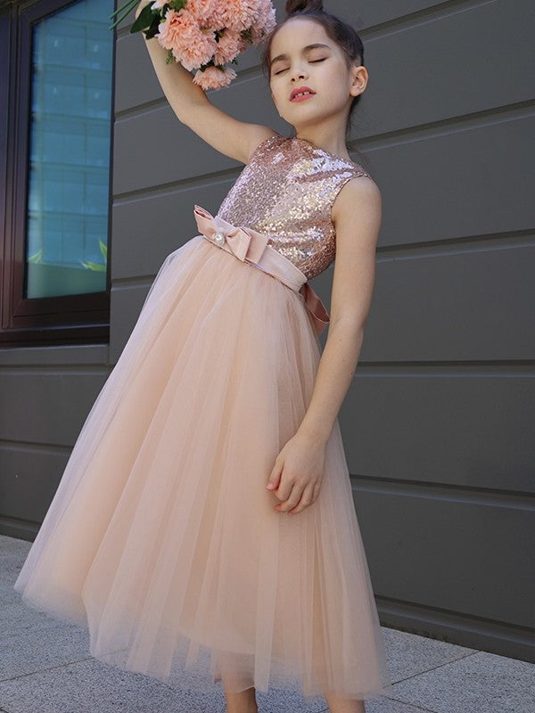 Sleeveless Scoop Bowknot Tulle A-Line/Princess Tea-Length Flower Girl Dresses