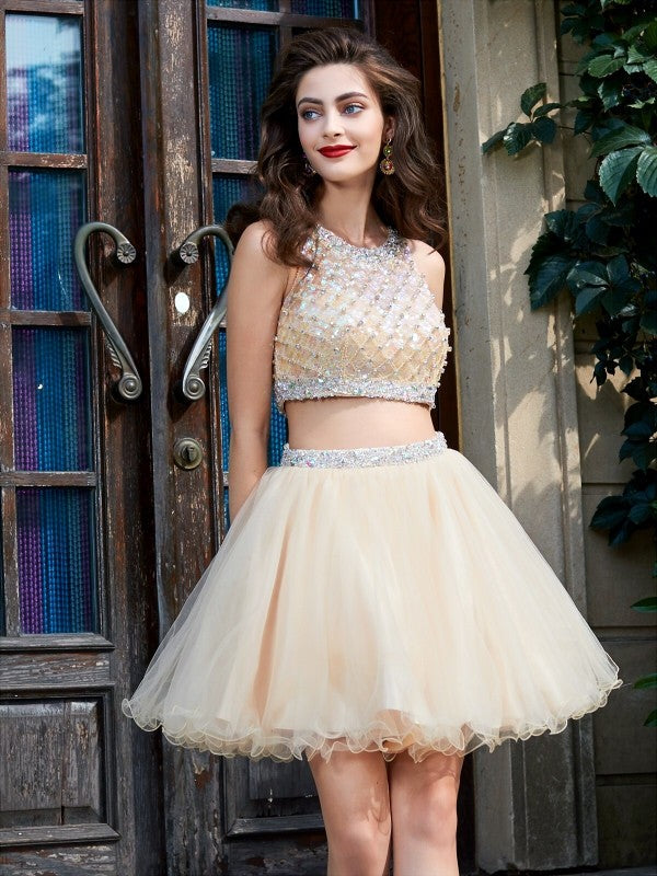 A-Line/Princess Alisson Scoop Net Sleeveless Beading Short/Mini Homecoming Dresses Two Piece