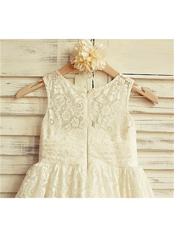 Scoop Sleeveless Ruffles A-line/Princess Tea-Length Lace Flower Girl Dresses